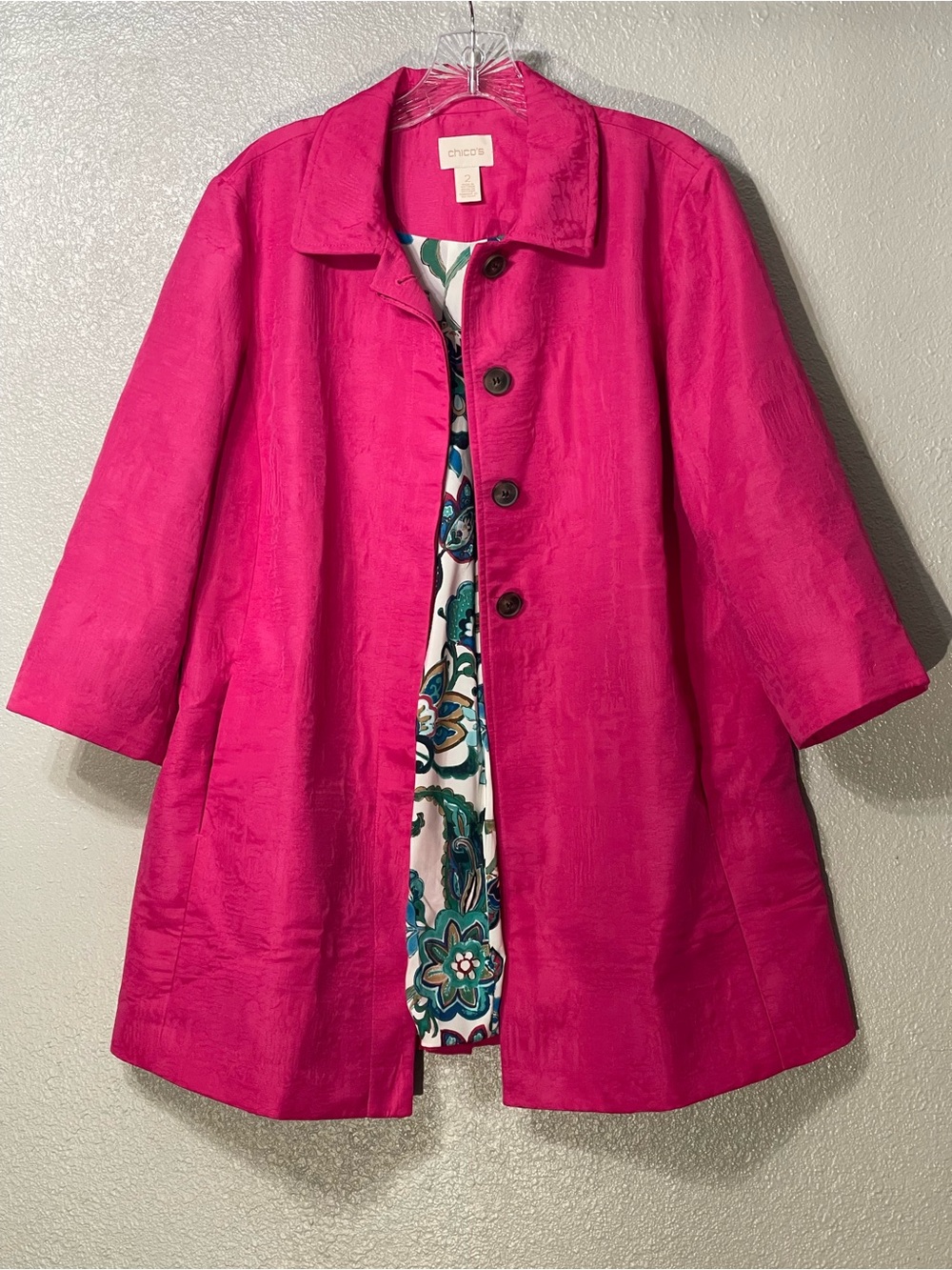 Chico's Wild Orchid Floral Lined Pleat Back Coat Pink Fuchsia Women’s Size 2
